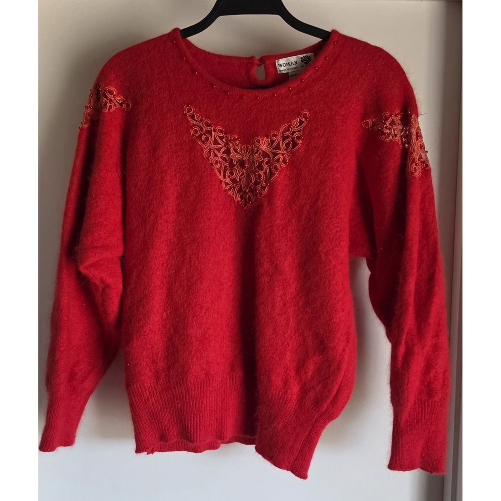 Woman Angora Wool Blend Sweater Red Round Neck Long Sleeve Vintage Knit Top